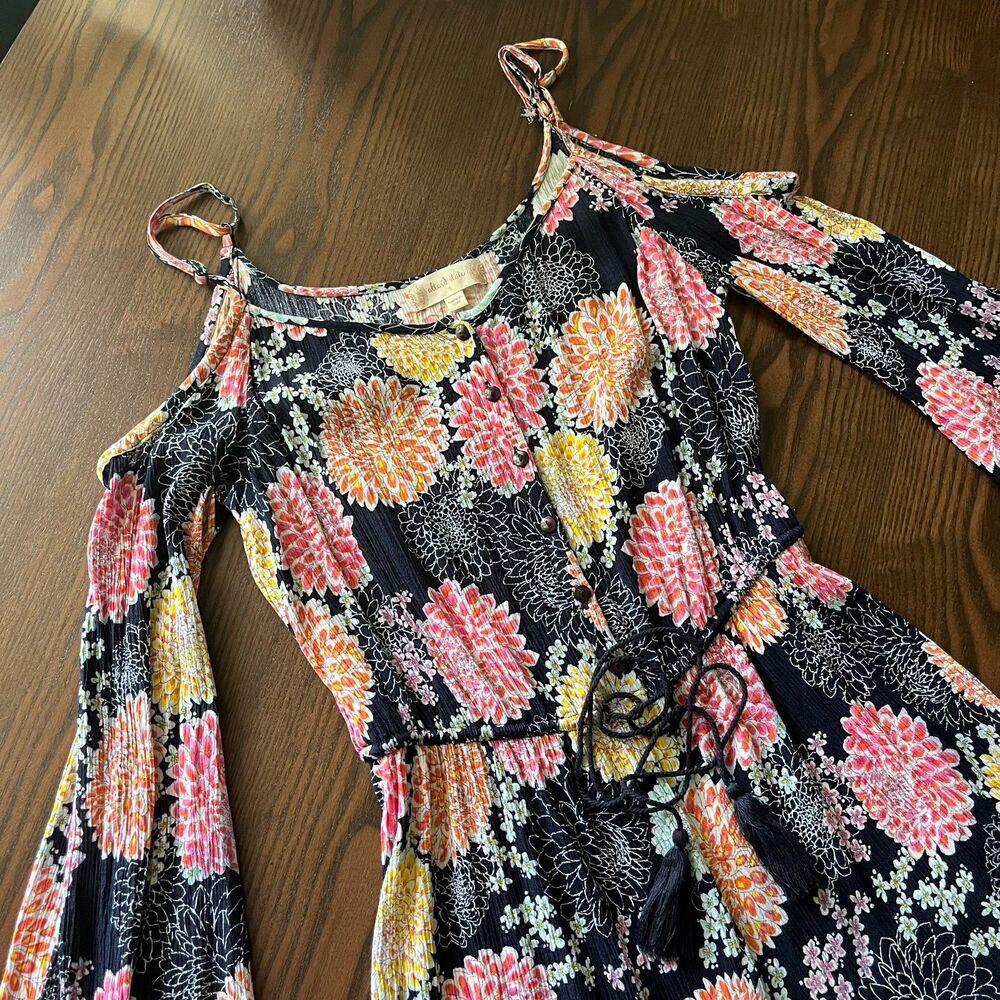 Altar'd State Boho Cold-Shoulder Floral Romper Sz S Bell Sleeves Crinkle Fabric